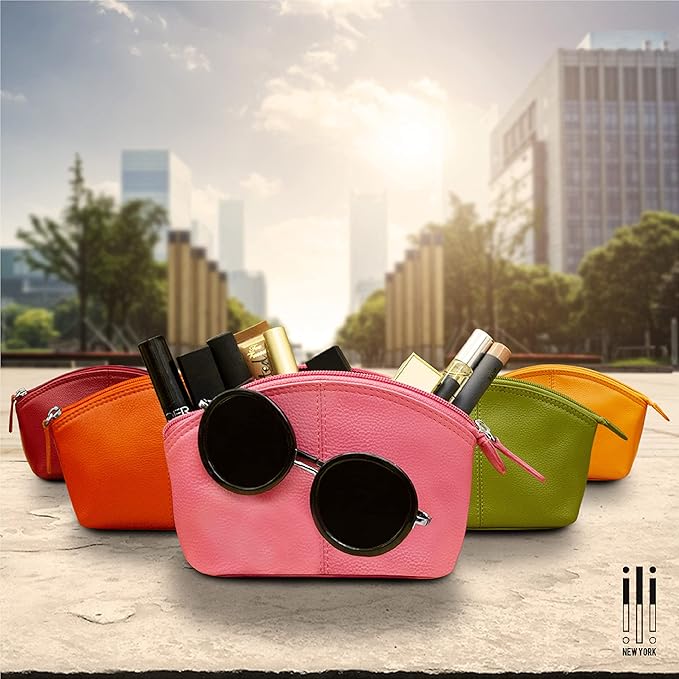 ili New York Genuine Leather Cosmetic Pouch – RFID Blocking, Leather Makeup Bag for Purse with Top Zip Closure & Interior Zip Pocket, Perfect as a Compact and Stylish Travel Cosmetic Bag