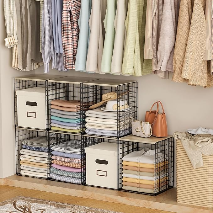 Taller Closet Organizers and Storage with Wood Top, Set of 3 Stackable Wire Storage Bins for Clothes, Bags, Towels, Double Storage Design, Sturdy Metal Cube Shelf Organizer for Closet Wardrobe, Black