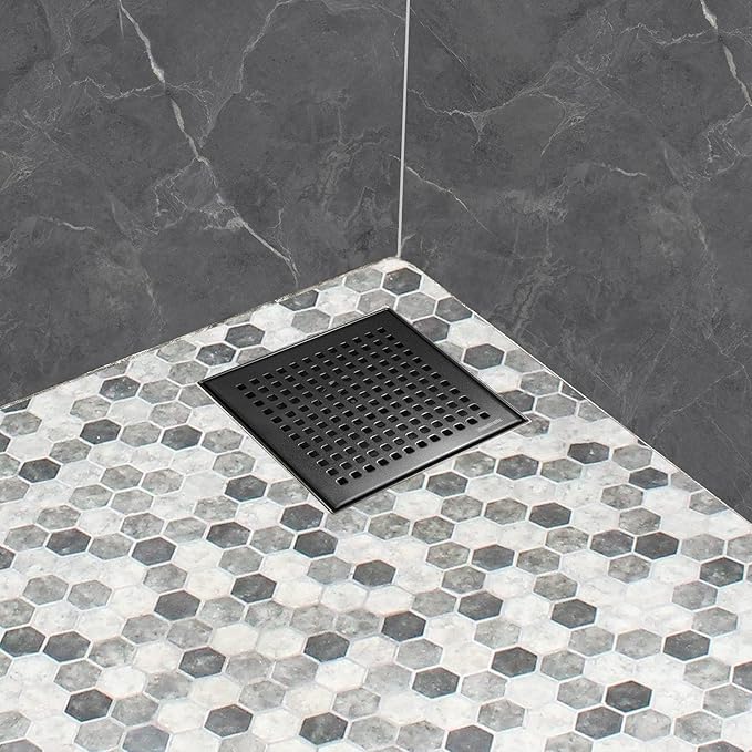 Neodrain 6-Inch Black Shower Drain, Square Drains with Removable Quadrato Pattern Cover, 304 Stainless Steel, Shower Drain Kits with PVC Base&Hair Catcher Strainer, Shiny Black