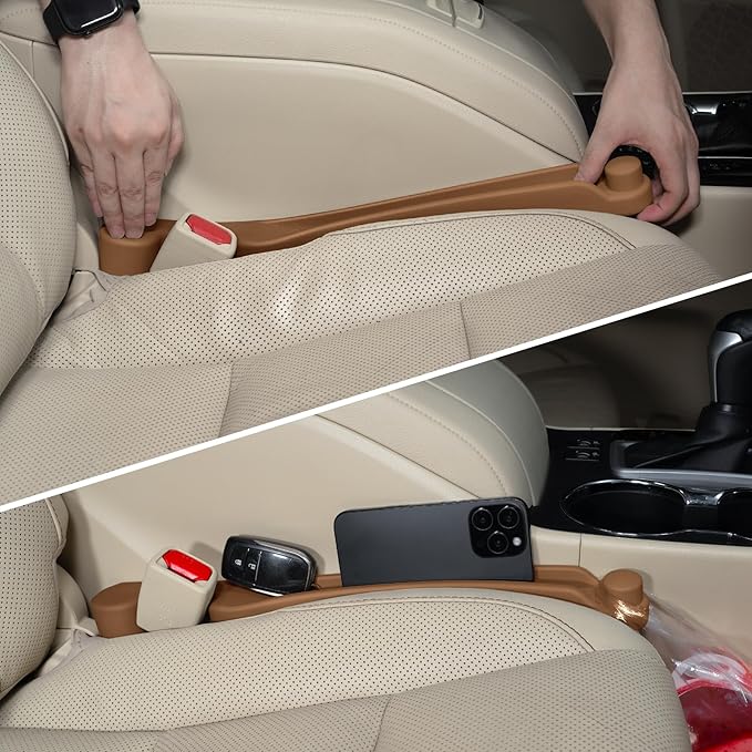 Car Seat Gap Filler Set of 2, 3-in-1 Seat Side Gap Filler Plug with Storage Slot & Hook Function, Soft Foam Universal Fit Car SUV Truck Fill Gap Between Seats Console Organizer (Narrow Saddle Brown)
