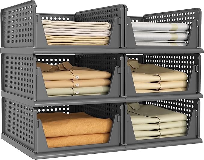 Pinkpum Black 6 Pack Closet Organizers Storage Bins, Stackable Plastic Drawer Basket for Clothing, Stackable Storage Bins Shelf Storage Container for Closet Wardrobe Bedroom Bathroom Office