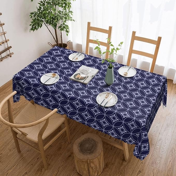VIMPEYDON Indigo Circles Flower Table Cloth for Dining Tables, Reusable Blue White Abstract Floral Tablecloths Tabletop Decoration Rectangle Table Cover for Kitchen, Party, Holiday, 54x72 Inch