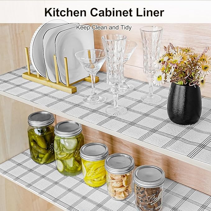 Drawer and Shelf Liner for Kitchen Cabinet,Non-Adhesive Cabinet Liner 12in x 10FT,Waterproof Shelf Paper Non-Slip Mats Cupboard Liners Contact Protect Dresser/Shelves/Table-White Stripes