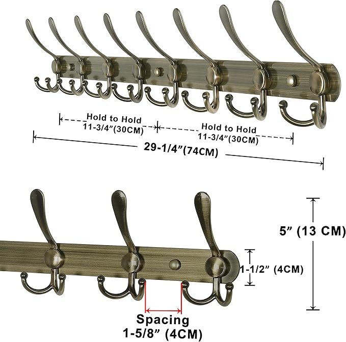 Dseap Coat Rack Wall Mount - 29.5” Long 8-Tri-Hooks Heavy Duty Coat Hanger Rail Wall Hooks for Hanging Coats Hats Clothing Clothes Purse Mudroom Entryway, Bronze, Pack of 2