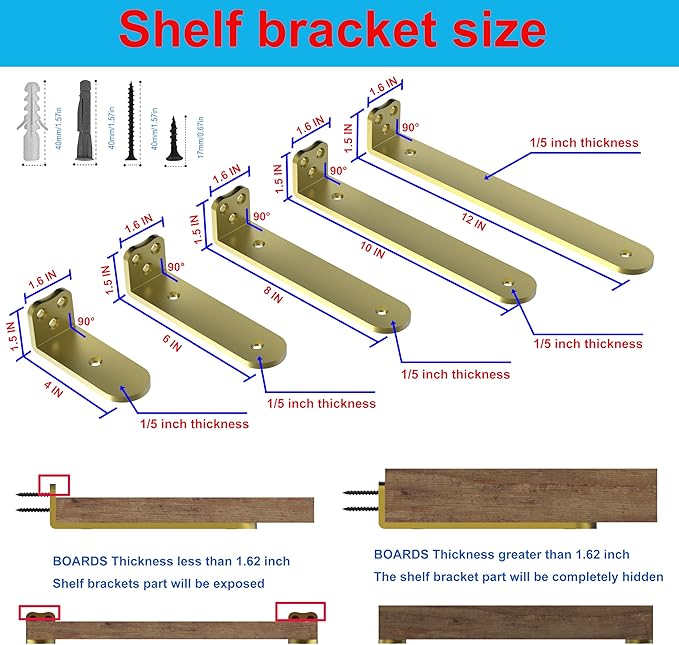 Floating Shelf Bracket, 12 Inch 6PACK Gold Heavy Duty Shelf Bracket, Hidden Shelf Brackets 1/5 in Thick, L Brackets Support for Shelves, Suitable for Kitchen, Study Or DIY, Holds Over 160lb+