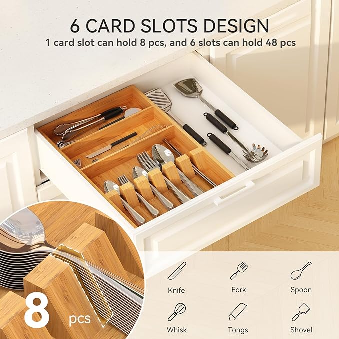 Yofidra Bamboo Silverware Organizer, 16.53 x 10.3 x 1.96 Inches Kitchen Utensil Drawer Organizer, Silverware Tray for Drawer with Fixed Slots for Spoons, Forks & Knives, Natural