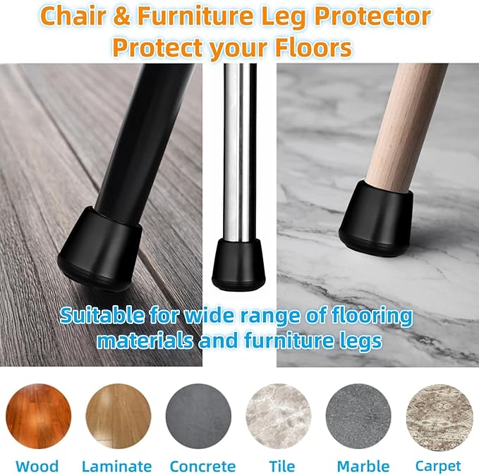 Furnigear Chair Leg Tips Caps Non-Slip Rubber Leg Tips 5/8" Inner Diameter Chair Leg Floor Protectors Round Black 100 Pack
