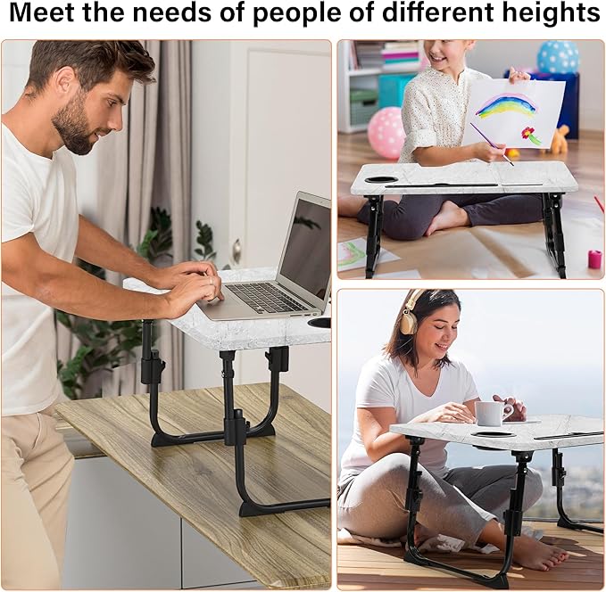 Laptop Desk for Bed Height Adjustable, Lap Bed Table with USB/Storage Drawer/Cup Holder/Tablet Stand/Book Shelf, Foldable Breakfast Tray Portable for Reading Writing, Sofa & Floor, Light Stone Texture
