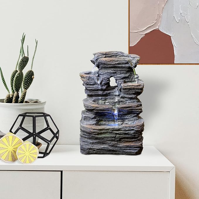 Ferrisland 5-Tier Cascading Tabletop Fountain with LED Lights - Indoor Water Fountain Decor Tabletop Small Relaxation Waterfall Feature Dark Gray