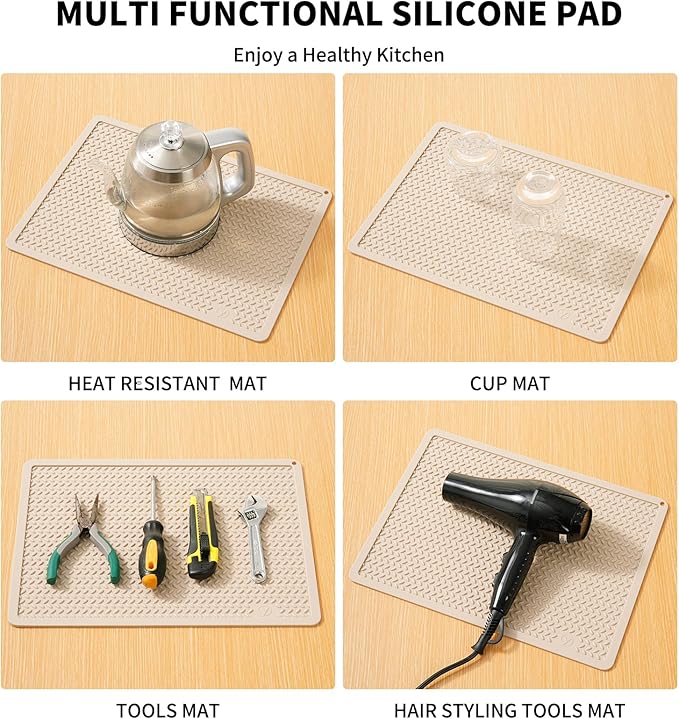Silicone Drying Mat & Heat Resistant Mat for Kitchen Counter, Non-Slip Dishwasher Safe, Raised Edge for Dishes Bottles Sink (15.35x11.61in, Beige)