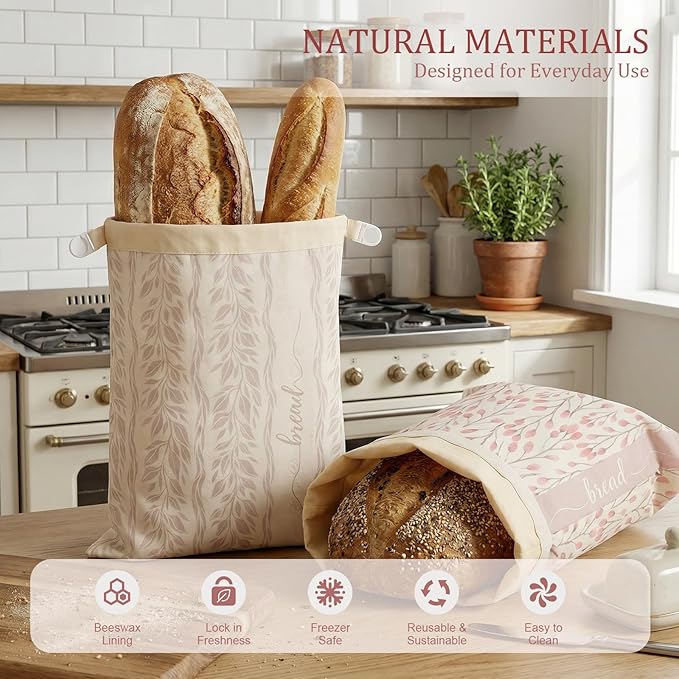 2 Pack Beeswax Sourdough Bread Bags, Large capacity 13x17'' for Homemade, Reusable Organic Beeswax Linen Cotton Bread Storage Bag with Lock Closure, Keeps Fresh, Homesteading Essentials