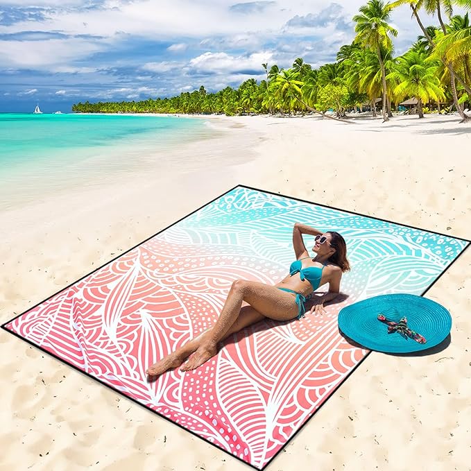 Beach Blanket Waterproof Sandproof Beach Mat 79" X 83"/10'x9' for 2-8 Adults Quick Drying Outdoor Picnic Mat Beach Accessories for Travel, Camping, Hiking