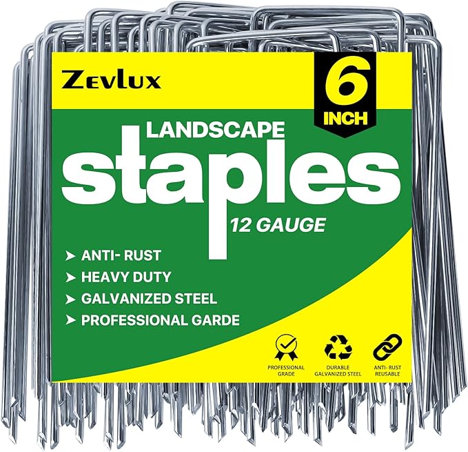 zevlux Landscape Staples 6 inch 50 Pack Galvanized Garden Stakes, 12 Gauge Heavy Duty Garden Pins for Fences, Lawns, Weed Barriers and Landscape Fabrics, Irrigation Hose,Yard Lawn, Landscape Fabric.