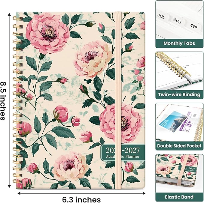 Planner 2026-2027, Academic Year Monthly and Weekly Calendar Planner, Jul 2026 - Jun 2027, Hardcover Teacher Student Planning Agenda book with Tabs, Perfect for School Office Supplies, 6.3" x 8.5" - Blush Peony