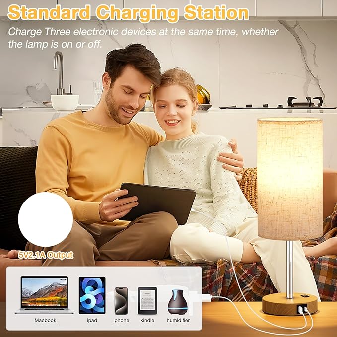 Dicoool Touch Bedside Table Lamp with USB - 3 Way Dimmable Wood Lamp for Bedroom Nightstand, Desk Lamp with Charging Station for Dorm, Office, Kids Room, Living Room