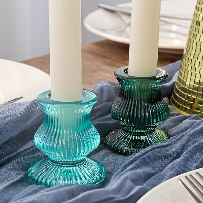 WDHODEC Christmas Taper Candle Holders 12PCS Glass Candlestick Holders for Table Centerpiece Colorful Candle Sticks for Wedding, Party and Winter Decoration(Blue&Green)