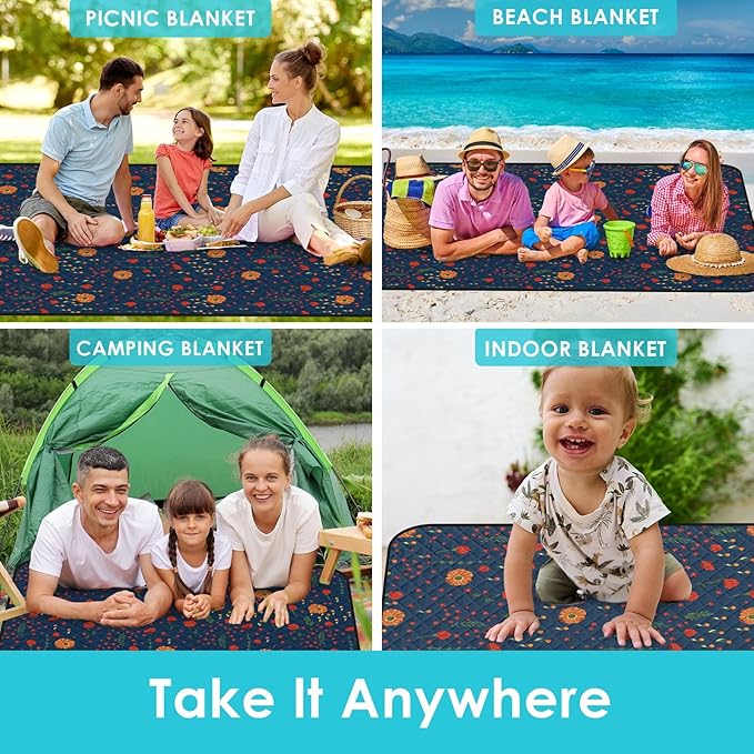 Waterproof Picnic Outdoor Blanket, 79" x 59" Sandproof Foldable Large Picnic Blanket for Beach, Camping, Park, Travel, Concert, Great Gift for Families and Couples (Midnight Flowers)