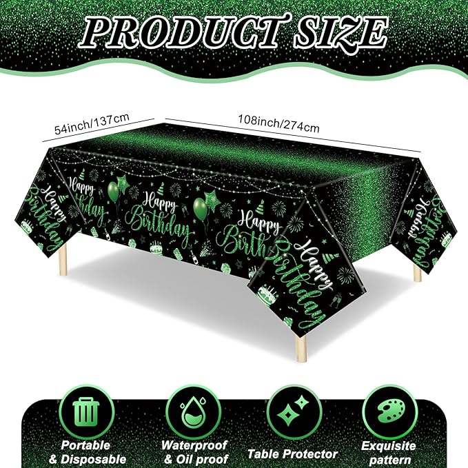 Tudomro 3 Pcs Happy Birthday Tablecloths Happy Birthday Party Decorations Plastic Table Cover Rectangular Cloths for Women Men Baby Shower Party Supplies, 108 x 54 Inch (Black Green)