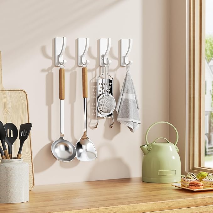 pickpiff Adhesive Wall Hooks for Towels - Sticky Hook Hanging Heavy Duty (13lb), Hanger for Door, Bathroom, Dorm, Closet - for Coats, Purse, Bag, Robe - No Damage to Wall - White 6 Pack