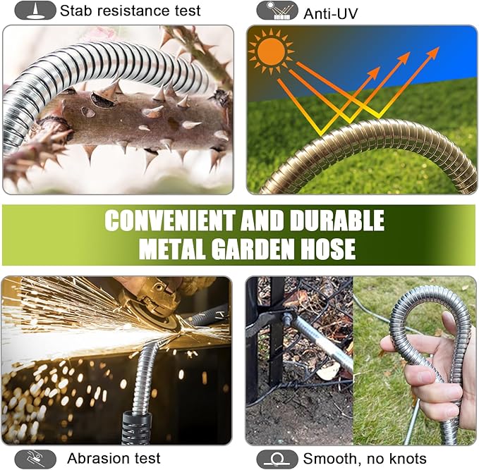 50FT Metal Garden Hose - Stainless Steel, Heavy Duty, Flexible & Lightweight, Never Kink and Tangle, with 10-Function Nozzle, Pressure Resistant for Outdoor Use (Yellow)