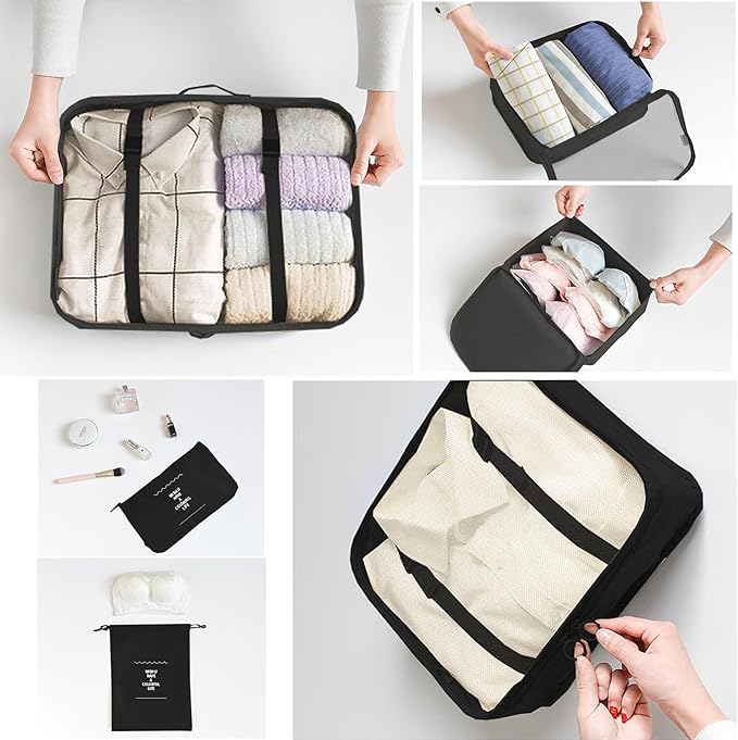 LANSKLBD 6 Set Packing Cubes for Travel, Luggage Organizers with Shoe & Toiletry Bags, Lightweight Suitcase Organizer for Carry-On, Washable Laundry Bags (Black)