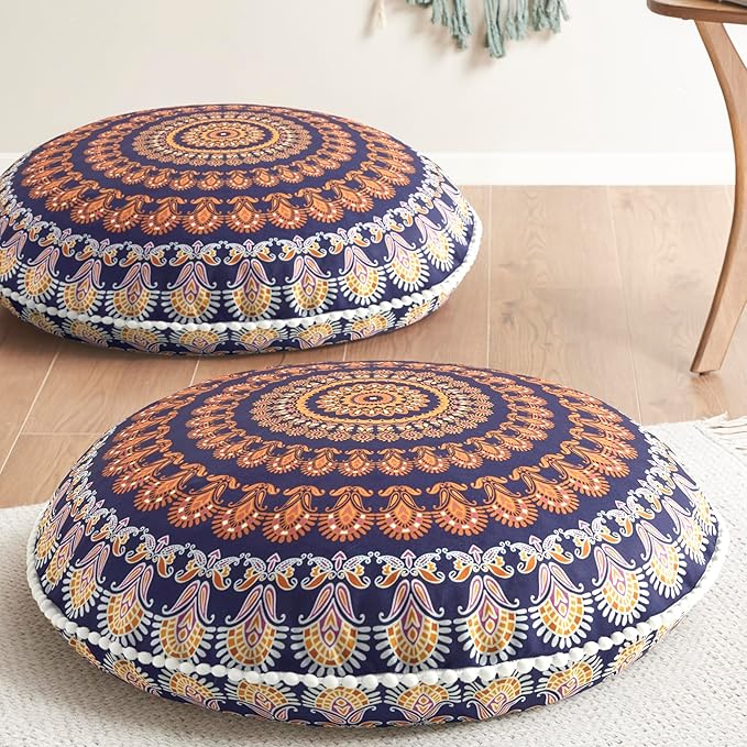 Codi Floor Pillows for Sitting Set of 2, Large Meditation Cushions for Adults with Memory Foam, Bohemian Mandala Round Seating for Outdoor Yoga and Living Room, Washable，32 Inch, Yellow