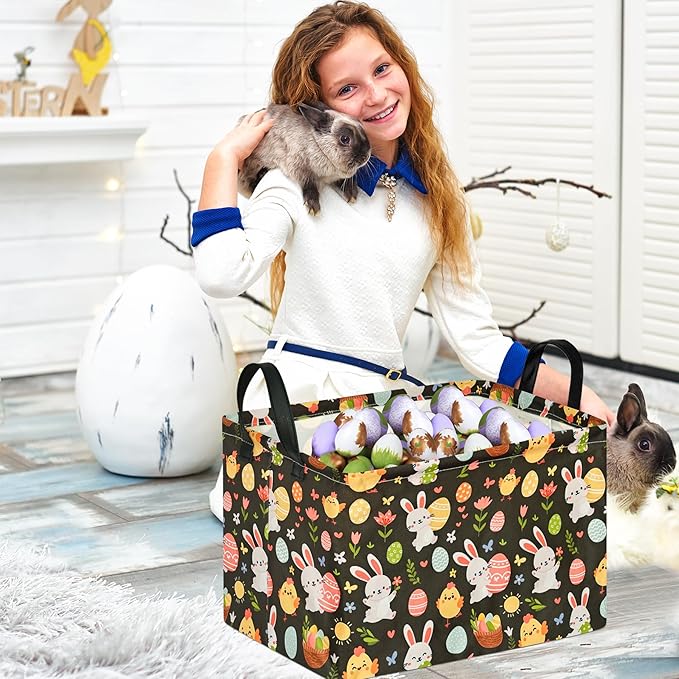 MAIZMZ Easter Storage Basket Eggs Bunny Flower Gifts Cube Waterproof Storage Bins Organizer,Foldable Closet Shelf Baskets with handles for Women,Nursery Hamper Toys Box,Room Decorations