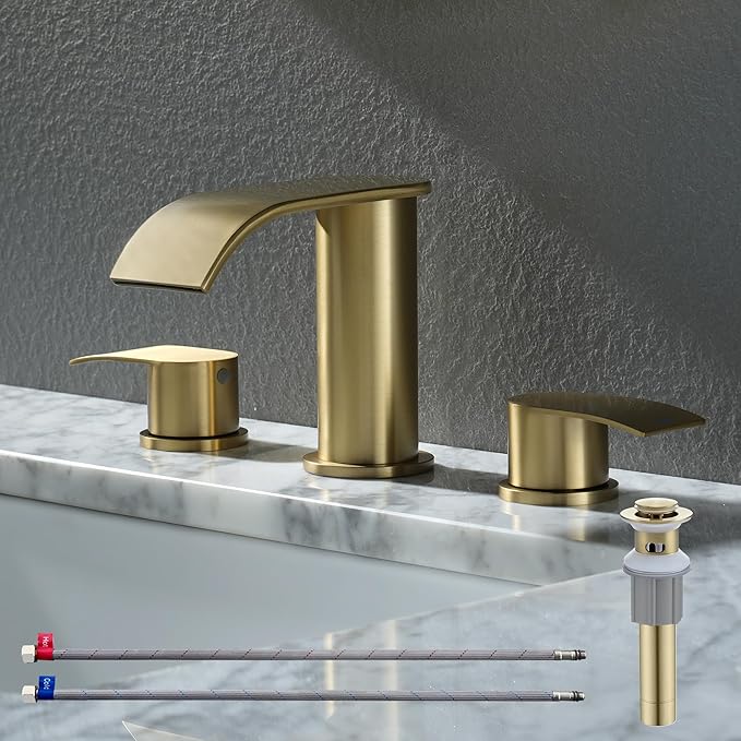 Ultimate Unicorn 8 inch Bathroom Faucet Brushed Gold, Waterfall Bathroom Faucet with Metal Pop-up Sink Drain Stopper and 2 Supply Hoses,2 Handle Widespread Faucets for Vanity Sink 3 Holes