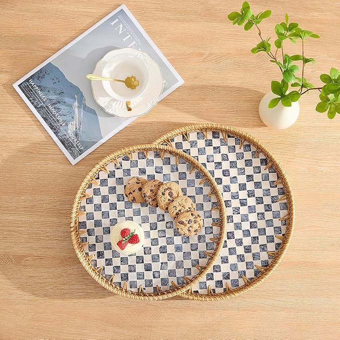 12" Large Rattan Serving Tray with Mother of Pearl, Decorative Coffee Table Trays for Home Decor, Large Wicker Woven Serving Tray Decor for Kitchen Counter,Living Room and Ottoman, Black1