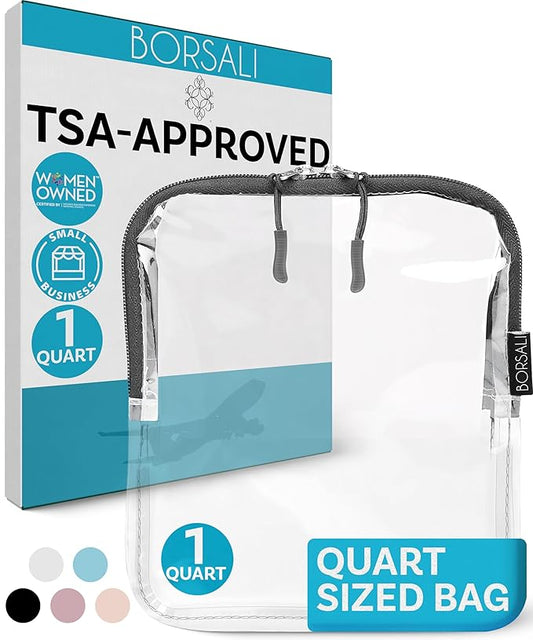 BORSALI TSA Approved Toiletry Bag - Clear Quart Size for 3-1-1 Carry On Travel - Makeup Organizer Cosmetic Pouch with Zipper - Travel Accessories - Gray