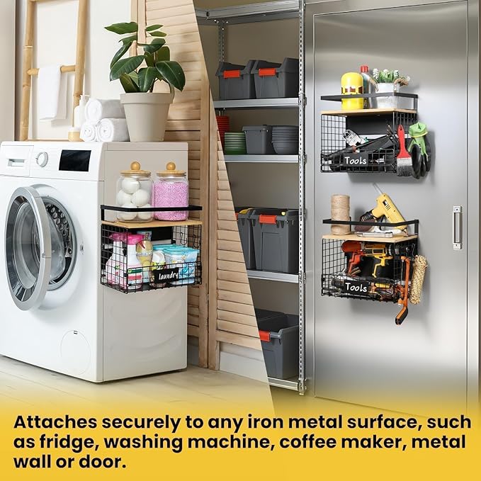 [WIDER SHELF] 1 SET Strong Magnetic Shelf Basket for Fridge with Tag & Bamboo Top, XXL Large Magnetic Spice Rack Shelves for Side of Refrigerator, Kitchen Pantry Storage Organizer for Food Fruit Veg