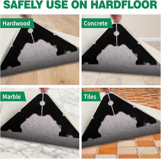 FLUOTINE 48 PCS Carpet Tape, Non-Slip Carpet Pads for Area Rugs on Hardwood Floors, Laminate, Tile, LVP Floors, Reusable and Removable Rug Corner Pads with No Residue