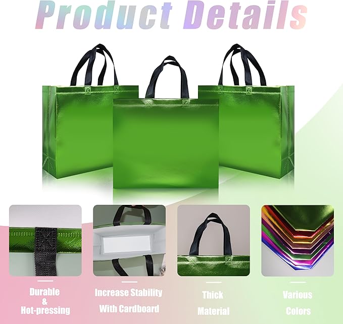 cabzymx Light Green Reusable Gift Bags 15 Pcs, 12.6 x 4.7 x 11 In Non-woven Party Gift Bags Bulk with Sturdy Bases for Birthday, Wedding, Christmas, Holiday