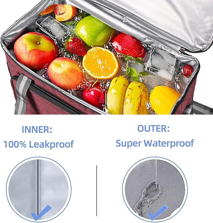 iknoe Large Collapsible Cooler Bag, 24L Insulated Bags, Leakproof Lunch Cooler Tote with Multi-Pockets for Adult Insulated Thermal Bag for Beach, Picnic, Office Work, Claret 36-Can