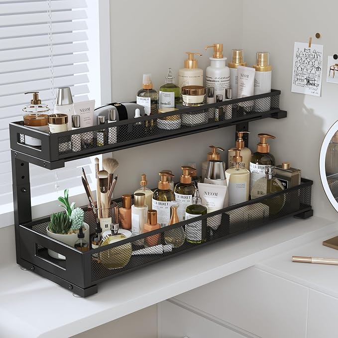Biboraya 1 Pack 20.47IN Depth Under Sink Storage Organizer, Large 2-Tier Elegant Mesh Pull Out Shelf for Kitchen and Bathroom Cabinet Organization, L-Shaped and Adjustable Height Design-Black