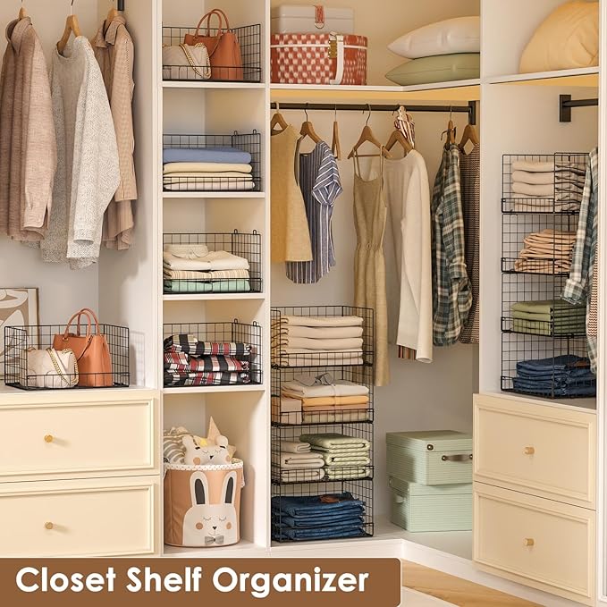 4-Tier Stackable Closet Organizers and Storage Shelves, Clothes Shelf Organizer Basket Bins, Foldable Sweater Storage for Closet Organizer System, Black (Patent Pending)