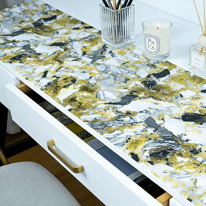 Drawer and Shelf Liner - Yellow Black Marble Pattern,Non Adhesive Non Slip Waterproof Easy-Clean Liner for Kitchen Cabinet, Refrigerator, Bathroom, Pantry Storage Drawers, 17 in x 30 Ft