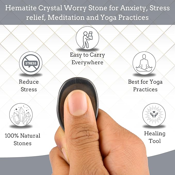 Hematite Worry Stones – Crystal Thumb Worry Stone for Anxiety, Stress – Relaxing and Soothing Balance Stones for Meditation, Stress Relief – Healing Stones and Crystals for Men and Women