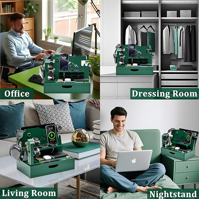 Nightstand Organizer for Men with Large Drawer, Birthday Gifts for Men, Phone Docking Station, Bedside Organizer for Nightstand for Apple Watch, Laptop (Olive Green, Solid Wood)
