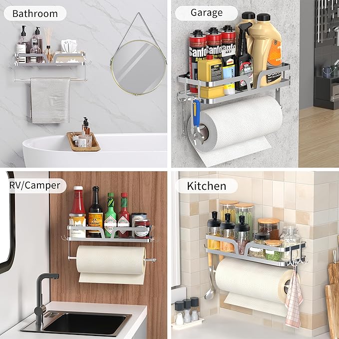 YIGII Garage Paper Towel Holder with Shelf, 2-in-1 Wall Mounted Shop Paper Towel Roll Holder, Stainless Steel Adhesive Spice Rack with 4 Hooks for Kitchen and Tool Room, Silver