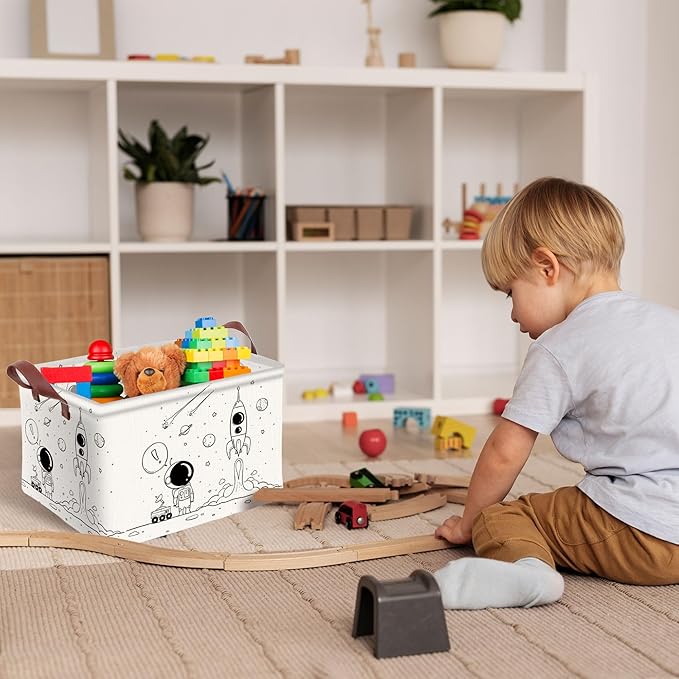 Spaceman Checkered Basket Waterproof Canvas Toy Storage Bin Room Decor Collapsible Outdoor Basket with Leather Handles Decor Blanket Baskets For Closets, Bedrooms, Gifts Baskets