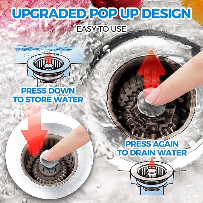 Upgraded 3-in-1 Kitchen Sink Drain Strainer & Sink Stopper, Stainless Steel Kitchen Drain Plug & Cover with Anti-Clogging Basket Strainer, Fits US Standard 3-1/2'' Sink Drain Hole, Brown