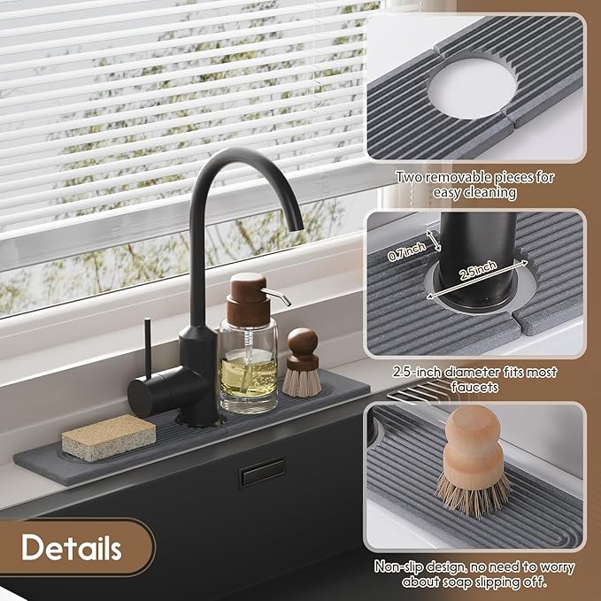 Faucet Mat for Kitchen Sink, Diatomite Quick Drying Tray, 20 Inch Kitchen Sink Splash Guard and Bathroom Stone Tray for Counter. Super Absorbent. Deep Grey.