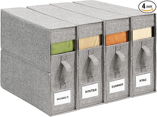 4Pack Sheet Organizers for Linen Closet - King/Queen Size Bedding Storage Boxes with Clear Window, Foldable & Dustproof Linen Organizer for Blankets & Sheet Sets,Grey