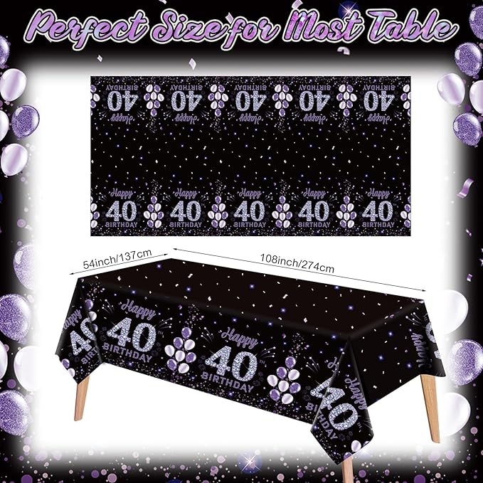 Ganeen 3 Pack 40th Birthday Tablecloth Purple Black Happy 40th Birthday Decorations Disposable Plastic Rectangular Table Cover for Party Supplies Women Men, 108 x 54 Inch