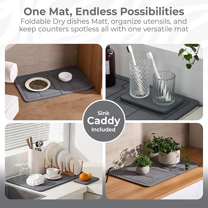 Large Stone Dish Drying Mat for Kitchen Counter, 2PCS Stone Drying Mat for Kitchen Counter, Detachable Water Absorbing Diatomaceous Earth Drying Pad for Bottles Dish Cups(Dark Gray 24"×16" & 8"x5")