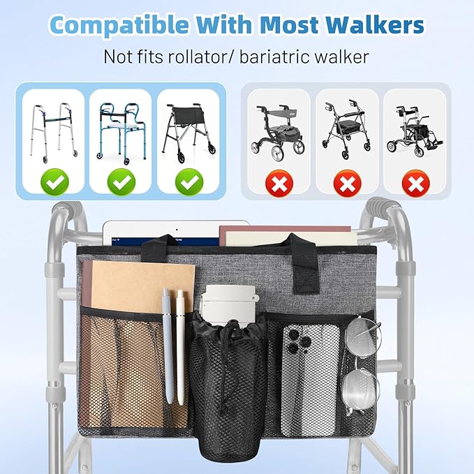 Rhino Valley Walker Bag, Large Capacity Walker Accessories Storage Bag with Multi Pockets & Cup Holder, Walker Basket with 4 pockets for Universal Walkers for Seniors, Gray
