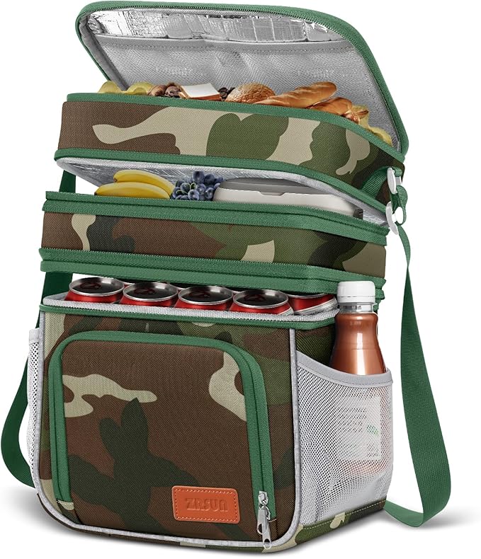 Insulated Lunch Bag for Women Men, Reusable 3 Layers Lunch Box Women, Expandable Reusable Water-resistant Lunch Box for Work Travel Office Picnic Hiking (Green Camo)