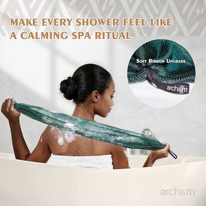 African Exfoliating Net Sponge Afroscrub - Authentic African Net Sponge with Knots Exfoliating Wash Cloths for Body Scrubber Back Scrub Exfoliator for Shower Bath Forest Green + Golden by ARCH&M