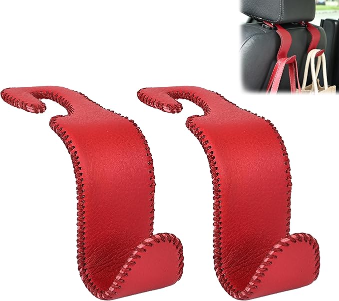 Amooca Car Seat Headrest Hook, Universal Vehicle Storage Hanger, Leather with Metal Car Seat Back Organizer for Handbag, Purse, Coat, Wine, 2 Pack